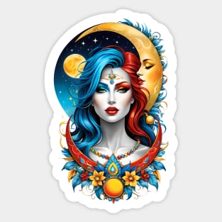 Celestial Harmony: Woman in Sun and Moon Fusion Sticker